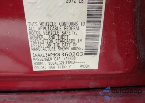 2016 Nissan Altima 2.5/2.5 S/2.5 Sl/2.5 Sr/2.5 Sv z USA, uszkodzony, nr VIN 1N4AL3AP9GN360203